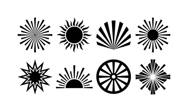 Retro Sunburst Ray Symbols, solid glyph icon set featuring radial burst, sun rays, fan rays, circular burst, starburst, half sun, ray wheel, geometric flare, covering retro sunburst, bursting rays,