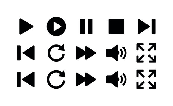 Media Play Buttons, solid glyph icon set featuring play triangle, circular play button, pause, stop, next, previous, replay, fast forward, volume and fullscreen controls, covering play buttons, media