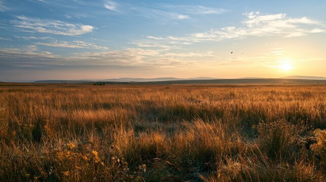 Harvest season morning glow: tranquil meadow and clear sky at dawn