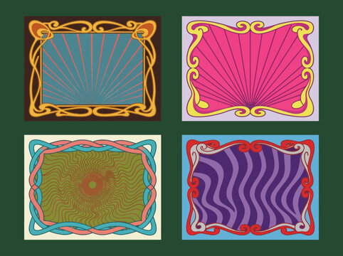 Set of Four Psychedelic Art Nouveau Frames with Retro Sunburst and Wavy Patterns