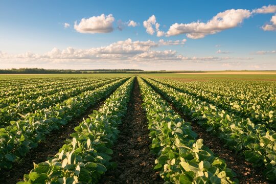 Harvest-ready soybean crops in a wide rural field with distant tree line
