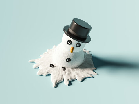Melting Snowman on blue background. 3D Rendering, 3D Illustration