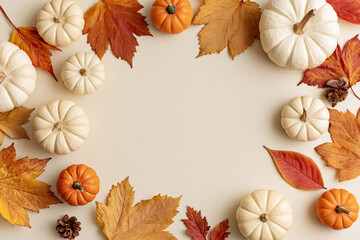 Fototapeta premium Autumn pumpkins and fall leaves arranged around a blank cream background for seasonal design