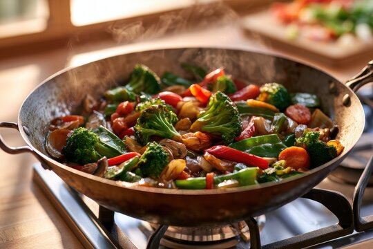 Healthy plant-based vegetable stir-fry served from a sizzling pan in a cozy kitchen