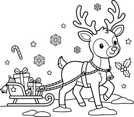 Fototapeta premium Cute cartoon reindeer pulling a sleigh with presents and ornaments