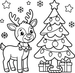 Naklejka premium Cute cartoon reindeer with a bell collar standing next to a decorated christmas tree