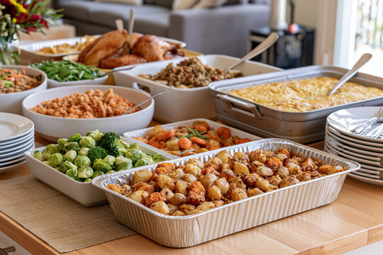 Friendsgiving potluck buffet with homemade Thanksgiving dishes and roasted turkey for friends and family