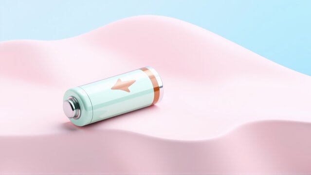 Low battery illustration. Cylinder shape rests upon wavy surface. Minimalist design, pastel colors, power depletion indicated.