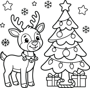 Cute cartoon reindeer with a bell collar standing next to a decorated christmas tree