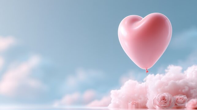 Soft pink heart-shaped balloon floating above delicate roses and pastel-colored clouds under a clear blue sky conveying love and romance