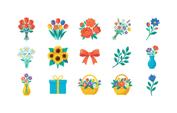 Spring Floral Bouquets, bright flat vector icon set featuring rose bouquet, tulip bunch, peony arrangement, wildflower posy, daisy bunch, sunflower bouquet, ribbon bow, leaf sprig, vase, gift wrap,