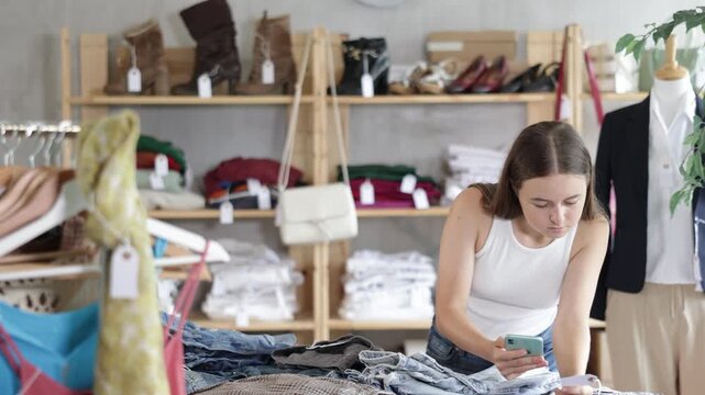 Woman holds phone in hands and scans barcode labels on jeans to pay for purchases through app. Modern payment methods by qr. Woman takes pictures of jeans and sends photo to stylist. High quality 4k