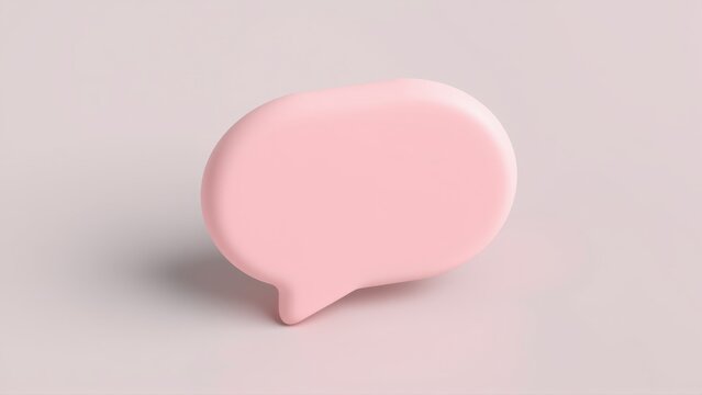Pink speech bubble object sits upon light surface. Minimalist design, soft shadows, simple studio shot. Clean aesthetic.
