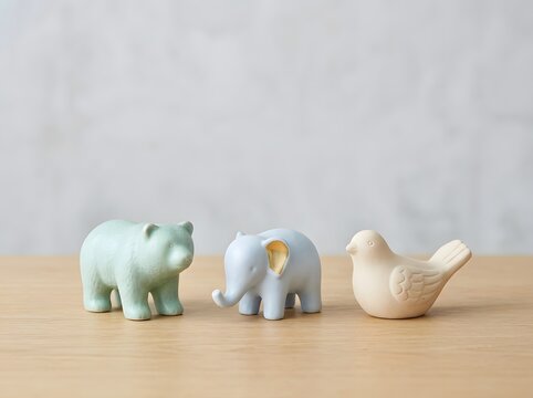 Three small pastel ceramic animal figurines stand on a wooden table