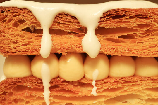 Close-up of Delectable Mille Feuille Puff Pastry with Chantilly Cream