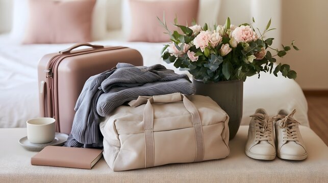 A neatly arranged travel setup with suitcase  duffel bag  flowers  shoes  and a cup on a bed with soft pillows