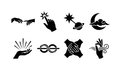 Fototapeta premium Creative Connection Hand Symbols, solid glyph icon set featuring two reaching hands, fingertip spark, planet, star, crescent moon, connection line, cloud, light ray, covering Creation of Adam inspired