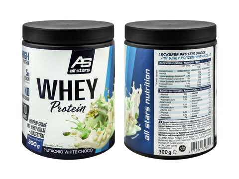 AS  All Stars Whey Protein Isolat Shake Pistachio White Choco Hintergrund transparent PNG cut out