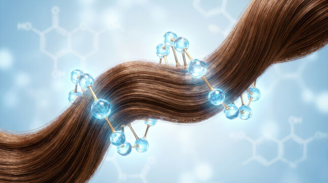 Animated hair strand with blue molecular structure loop: Concept of deep molecular hair repair and care.