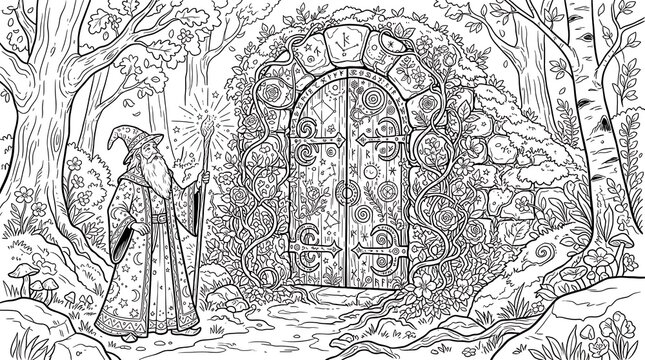Old wizard standing before an ancient magical stone door covered in runes and vines in a deep enchanted forest with trees and mushrooms