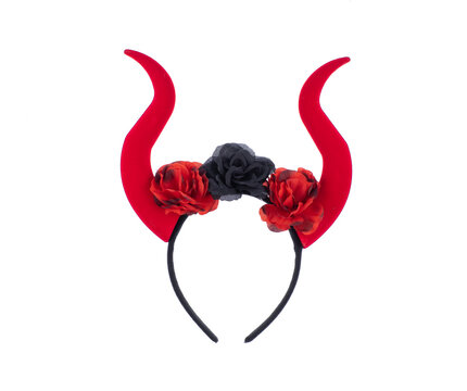 Red devil horn headband with roses, isolated on a white background.