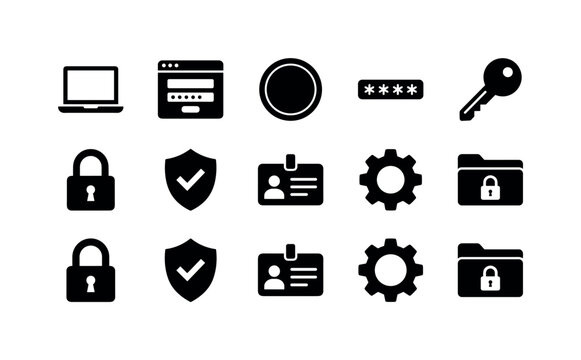 Account Login Laptop, solid glyph icon set featuring laptop, login window, profile circle without face, password field, key, padlock, verification shield, ID card without portrait, settings gear and