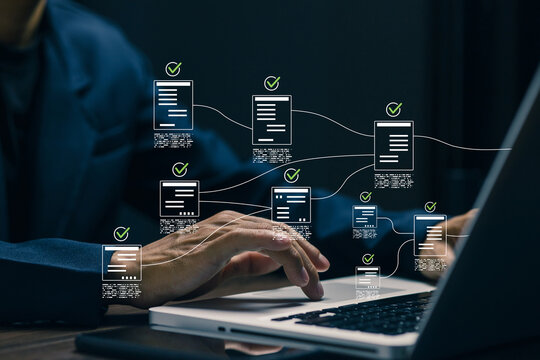 Business professional using a laptop with virtual documents and check marks, representing document management, workflow automation, data processing, approval, and digital collaboration.