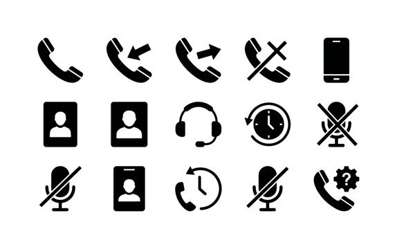 Phone Call Controls, solid glyph icon set featuring handset, incoming call, outgoing call, missed call, mobile phone, contact card, headset, call history clock, mute symbol, support phone, covering