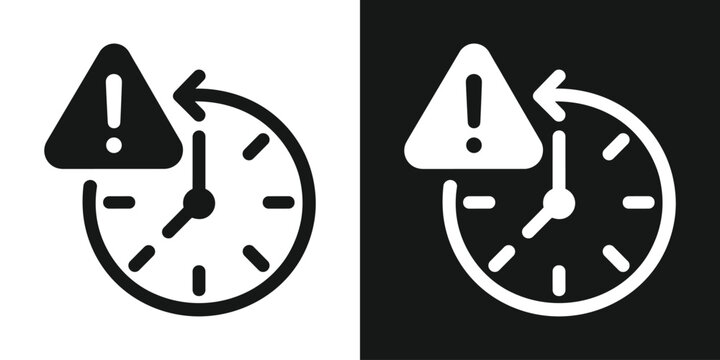 Alert Time. Two simple, stylized icons depicting a clock with a circular arrow and an alert symbol, one in black and white and the other in white on a dark background, conveying urgency or warning.