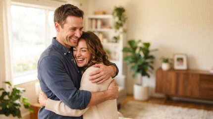 Fototapeta premium Couple Sharing a Tender Moment of Connection and Pure Happiness Within the Serene Comfort of Their Cozy Home