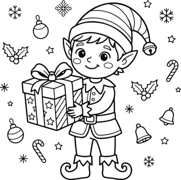 Cute christmas elf holding a wrapped gift, surrounded by ornaments, candy canes, bells, holly, and snowflakes