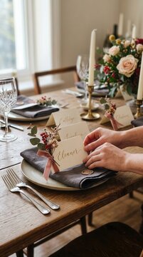 Elegant Rustic Wedding Table Setting with Calligraphy Place Cards and Floral Accents