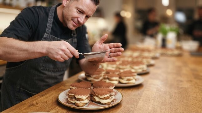 Pastry Chef Carefully Dusting Cocoa Powder Over Heart Shaped Tiramisu Desserts in a Professional Culinary Kitchen Setting
