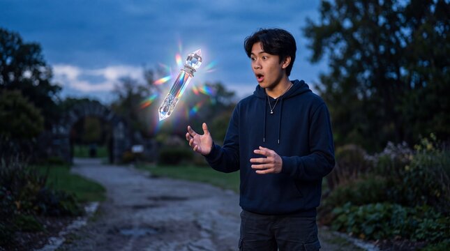 Southeast Asian Teenager Looking at Prismatic Floating Magic Wand