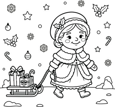 Cute girl in winter clothes pulling a sled with christmas gifts