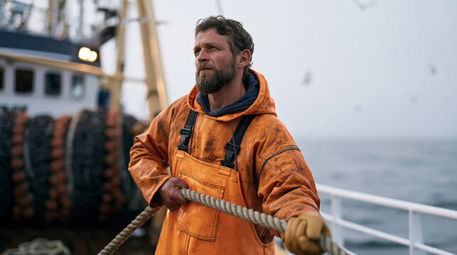 Norwegian fisherman in weathered orange float suit hauling a rope on the rain-soaked deck of a commercial trawler, coiled nets behind him, seabirds circling low and deep ocean