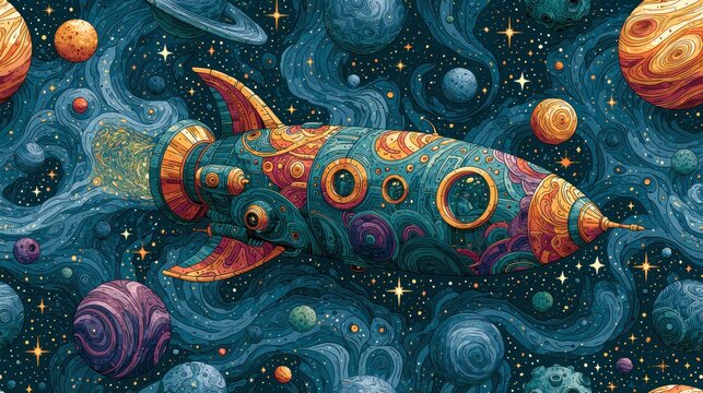 Retro rocket ship explores colorful cosmic nebula