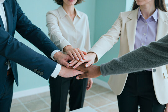 Diverse business team joining hands in office, signaling partnership, trust, collaboration, workplace unity. Ideal for leadership, team building, company culture, corporate branding