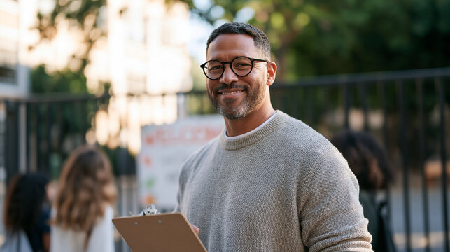 A man with round glasses who works as a kindergarten principal smiles warmly while greeting families at the school gate on the first day of enrollment, clipboard in hand, colorful