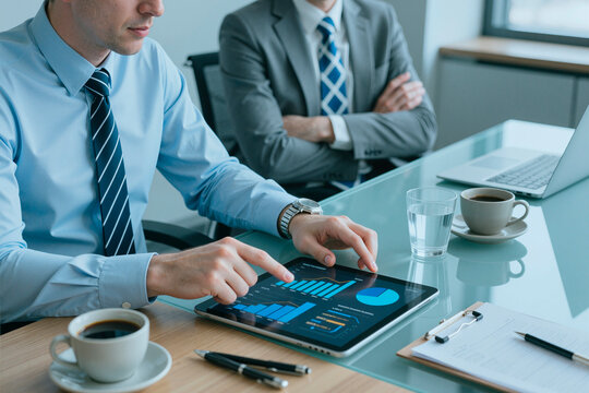 Close up of Caucasian businessmen reviewing tablet analytics during office meeting, discussing performance metrics and strategy. Ideal for business reporting, finance, consulting marketing