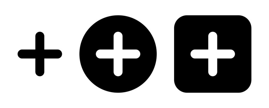 Plus and add icon set featuring bold plus symbols in standalone, circular and rounded square styles for creating, adding, inserting, increasing, expanding and user interface actions.