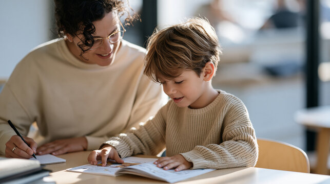 Turkish schoolboy sounding out syllables from a printed decodable reader aloud at his desk while the teacher listens and notes his progress, oral reading fluency assessment,