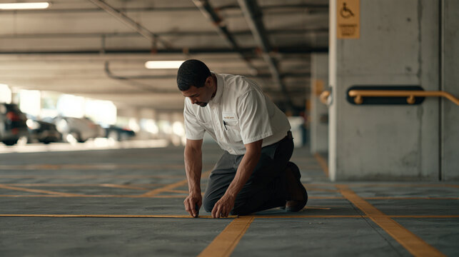 A valet parking attendant measures a tight garage space precisely at first light of morning a sterile concrete environment rendered from a low child perspective grab bar