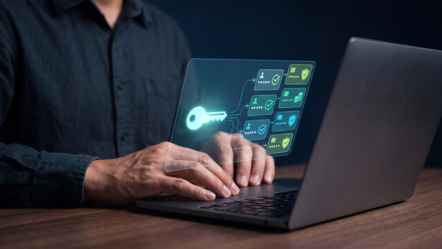 Password manager and access control concept, man typing on laptop with hologram of master key unlocking user accounts, hidden passwords and shield icons for secure login and data privacy