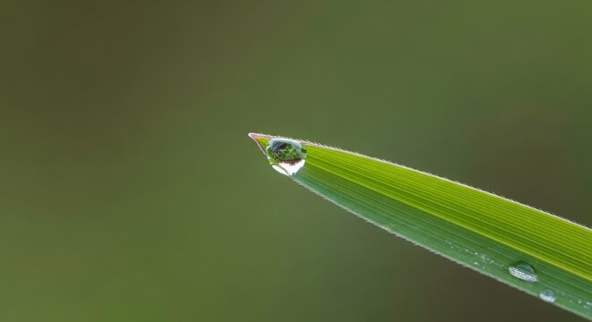 Single dewdrop resting on the sharp tip of a vibrant green blade of grass against blurred background