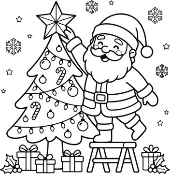 Santa claus placing a star on top of a decorated christmas tree with gifts