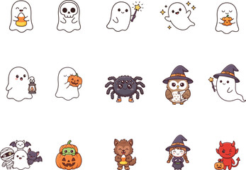 Fototapeta premium Cute Halloween Cartoon Icons Set with Rabbit, Cat, Pig and Lion Characters, Fun Kids Vector Illustration Collection for Seamless Pattern, Wallpaper and Holiday Design