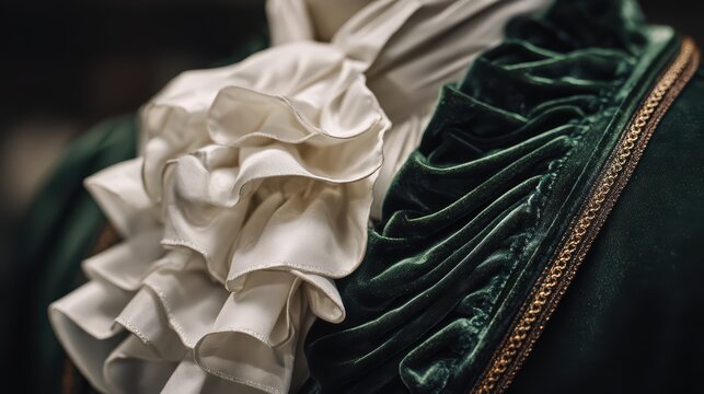 Elegant Historical Ruffle: A close-up view of a luxurious, ruffled white cravat against a deep green velvet jacket, evoking a sense of historical grandeur and sophisticated fashion.