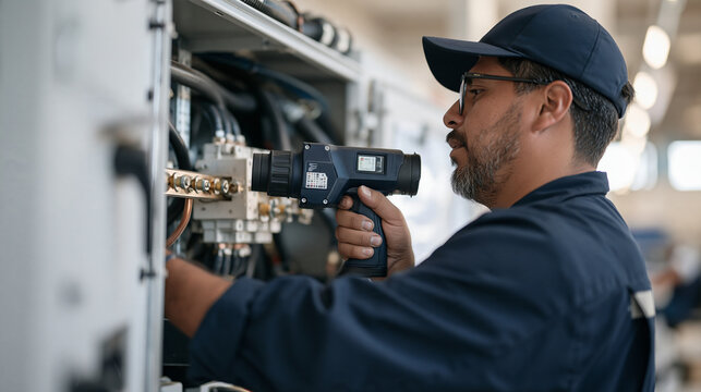 Peruvian maintenance technician using a thermal imaging device pointed at a bus bar inside an open switchboard, predictive maintenance, infrared inspection, hot spot detection,