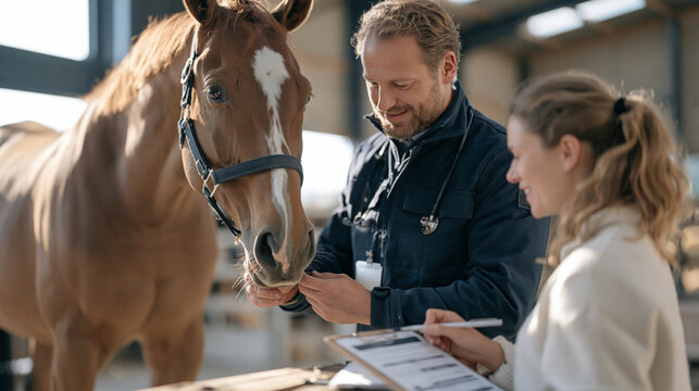 Veterinary sports medicine specialist performing a lameness evaluation on a competition horse, palpating flexor tendon injuries along the lower limb while an equine